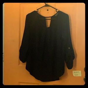 Navy blue pleated 3/4 sleeve blouse